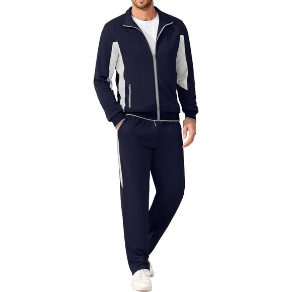 Men's Tracksuits 2 Piece Athletic Track Suit Jogging Running Sweatsuit Navy Grey - Picture 1 of 6